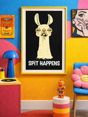 Funny Llama Wall Art Print “Spit Happens”, Sarcastic Animal Poster, Bold Black Humor Wall Decor