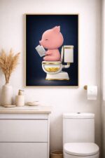 Funny Piggy Bank Wall Art Print, Pig on Toilet Money Illustration, Humorous Bathroom & Office Decor Poster