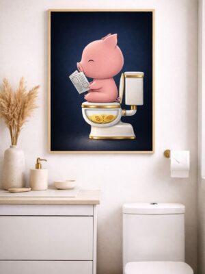 Funny Piggy Bank Wall Art Print, Pig on Toilet Money Illustration, Humorous Bathroom & Office Decor Poster