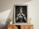 Funny Queen Portrait Wall Art – Whimsical Royalty Digital Print in Black and White