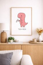 Funny Tea-Rex Wall Art Print, Cute Dinosaur Tea Illustration, Minimalist Humor Poster, Cozy Kitchen Decor