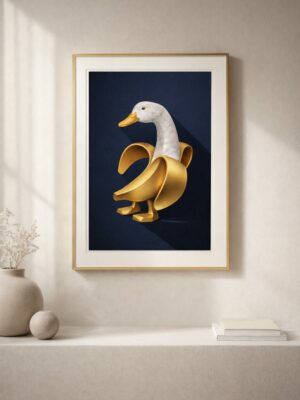 Golden Duck Banana Sculpture Wall Art – Surreal Luxury Animal Illustration