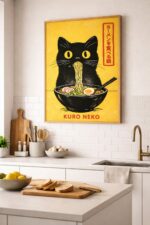 Japanese-Inspired Illustration Wall Art – Premium Gallery-Style Art Print Featuring Minimalist Cat and Ramen Design