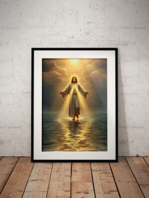 Jesus Walking on Water Art Print, Christian Wall Decor, Spiritual Religious Artwork, Faith-Based Gift, Heavenly Light Illustration