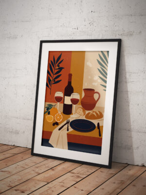 Mediterranean Wine Art Print, Rustic Kitchen Table Wall Decor, Italian Vineyard Scene, Farmhouse Dining Illustration