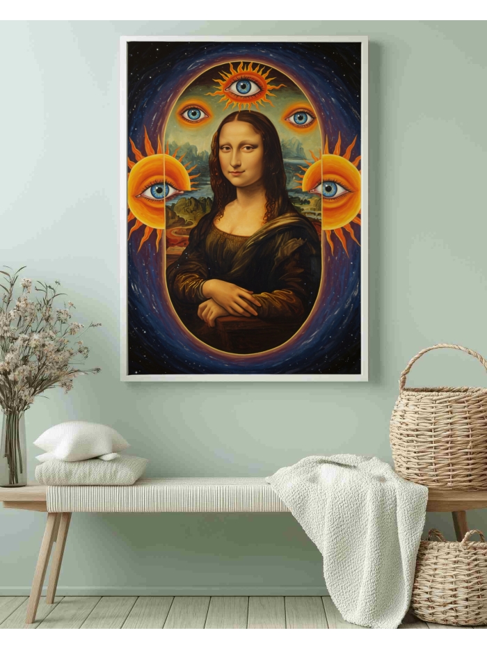 Trippy Mona Lisa Wall Art | Psychedelic Eye Sun Art | Mystical Cosmic Boho Poster | Surreal Space Art