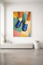 Modern Fashion Wall Art Print – Blue Loafers with Retro Color Block Floor