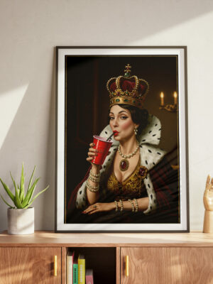 Modern Queen Pop Art Wall Print | Royal Portrait with Red Cup | Luxury Parody Artwork | Bold Feminine Statement Wall Decor
