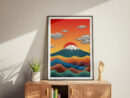 Mount Fuji Sunset Art Print, Japanese Landscape Wall Decor, Scenic Nature Illustration