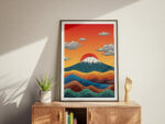 Mount Fuji Sunset Art Print, Japanese Landscape Wall Decor, Scenic Nature Illustration