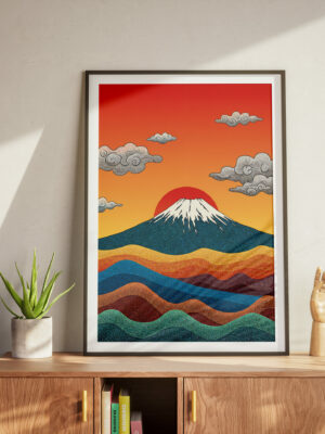 Mount Fuji Sunset Art Print, Japanese Landscape Wall Decor, Scenic Nature Illustration