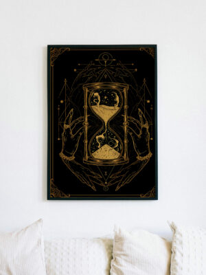 Mystical Hourglass Art Print | Gold Celestial Witchy Poster | Occult Surreal Wall Decor | Vintage Tarot Style