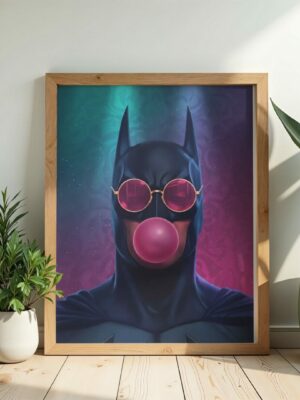 Neon Hero Bubblegum Wall Art – Pop Surreal Superhero Illustration Print