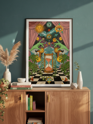Psychedelic Hourglass Art Print, Cosmic Boho Wall Decor, Trippy Universe Illustration, Mystical Digital Download
