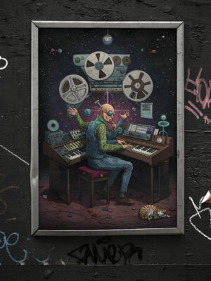 Psychedelic Space Musician Art | Retro Sci-Fi Synth Poster | Trippy Galaxy Print | Cosmic Keyboard Artwork