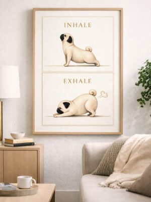 Pug Yoga Wall Art Print, Inhale Exhale Dog Illustration, Mindful Funny Wall Decor, Calm Minimalist Animal Poster