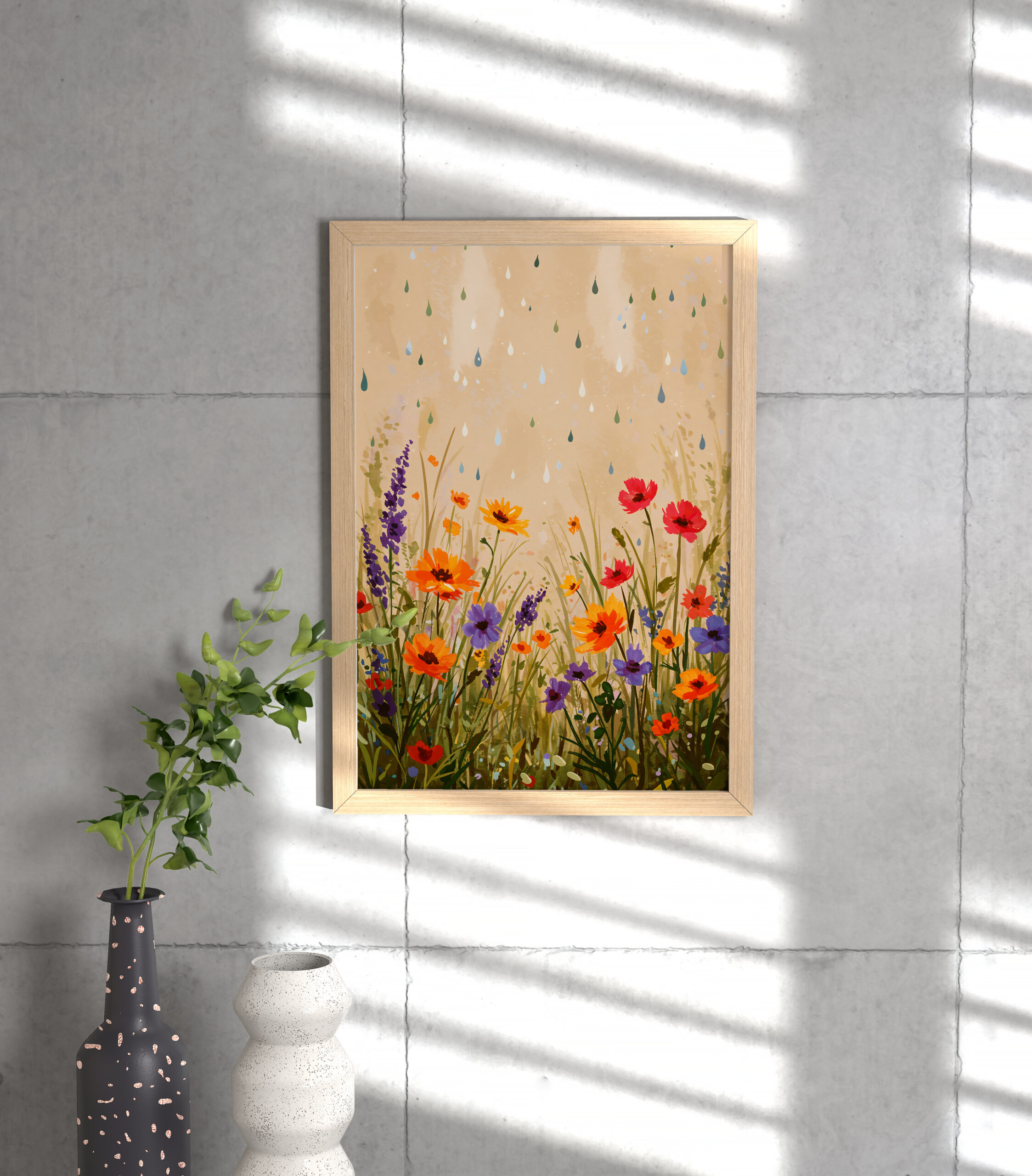 Rainy Wildflower Field Art Print, Cottagecore Botanical Wall Decor, Purple & Yellow Flower Meadow