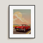 Retro Red Convertible Car Print, Mid-Century Road Trip Wall Art, Vintage Automobile Illustration