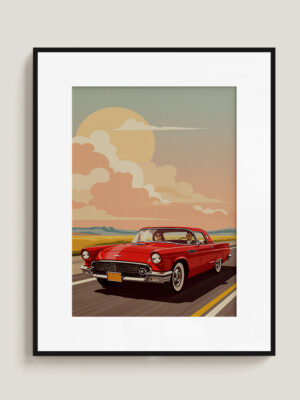 Retro Red Convertible Car Print, Mid-Century Road Trip Wall Art, Vintage Automobile Illustration