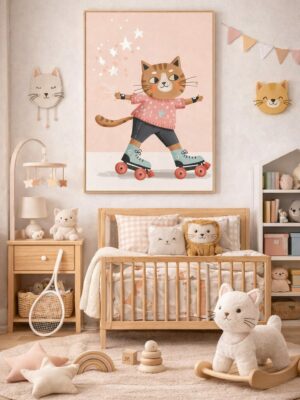 Roller Skating Cat Wall Art Print – Cute Animal Illustration for Kids Room, Nursery & Modern Home Decor