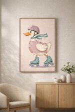 Roller Skating Duck Wall Art Print – Cute Animal Illustration for Kids Room, Nursery & Modern Home Decor