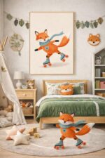 Roller Skating Fox Wall Art Print – Cute Woodland Animal Illustration for Kids Room, Nursery & Modern Home Decor