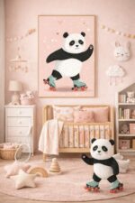 Roller Skating Panda Wall Art Print – Cute Animal Illustration for Kids Room, Nursery & Modern Home Decor