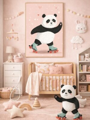 Roller Skating Panda Wall Art Print – Cute Animal Illustration for Kids Room, Nursery & Modern Home Decor