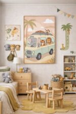 Safari Adventure Bus Wall Art Print – Cute Jungle Animals Illustration for Nursery, Kids Room & Playroom Decor