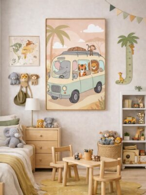 Safari Adventure Bus Wall Art Print – Cute Jungle Animals Illustration for Nursery, Kids Room & Playroom Decor