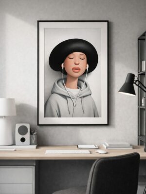 Silent Mood Wall Art – Minimalist Woman Listening to Music Illustration Print