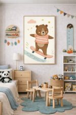 Skateboarding Bear Wall Art Print, Cute Animal Nursery Decor, Kids Room Playroom Illustration, Woodland Animal Art