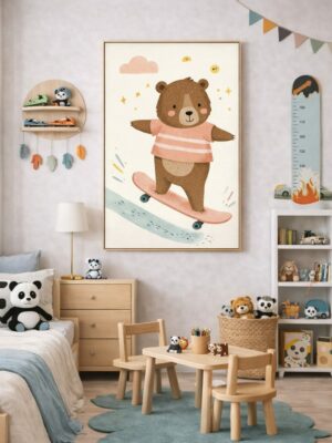 Skateboarding Bear Wall Art Print, Cute Animal Nursery Decor, Kids Room Playroom Illustration, Woodland Animal Art