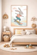 Skateboarding Bunny Wall Art Print – Cute Rabbit Illustration for Kids Room, Nursery & Modern Home Decor