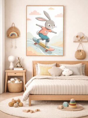 Skateboarding Bunny Wall Art Print – Cute Rabbit Illustration for Kids Room, Nursery & Modern Home Decor