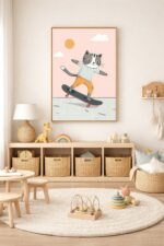 Skateboarding Cat Wall Art Print – Modern Cute Animal Illustration for Kids Room, Nursery & Contemporary Home Decor