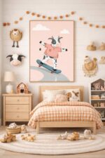 Skateboarding Cow Wall Art Print – Cute Farm Animal Illustration for Kids Room, Nursery & Modern Home Decor
