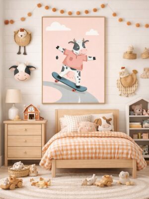 Skateboarding Cow Wall Art Print – Cute Farm Animal Illustration for Kids Room, Nursery & Modern Home Decor