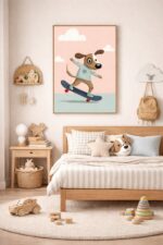 Skateboarding Dog Wall Art Print – Cute Animal Illustration for Kids Room, Nursery & Modern Home Decor
