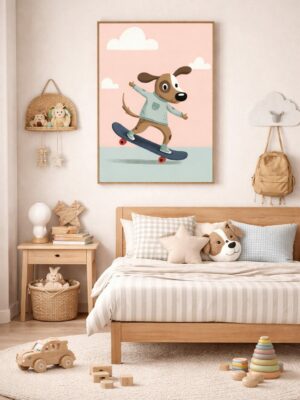 Skateboarding Dog Wall Art Print – Cute Animal Illustration for Kids Room, Nursery & Modern Home Decor