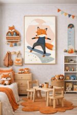 Skateboarding Fox Wall Art Print, Cute Animal Nursery Decor, Kids Room Playroom Illustration, Woodland Animal Art