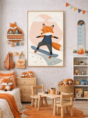 Skateboarding Fox Wall Art Print, Cute Animal Nursery Decor, Kids Room Playroom Illustration, Woodland Animal Art