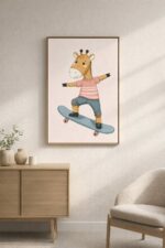 Skateboarding Giraffe Wall Art Print, Cute Animal Nursery Decor, Kids Room Playroom Illustration, Safari Animal Art