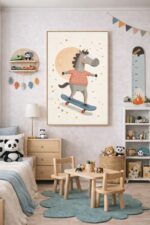 Skateboarding Horse Wall Art Print, Cute Animal Nursery Decor, Kids Room Playroom Illustration, Whimsical Animal Art