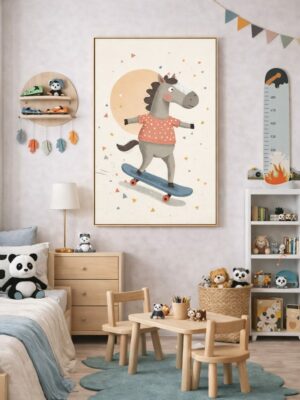 Skateboarding Horse Wall Art Print, Cute Animal Nursery Decor, Kids Room Playroom Illustration, Whimsical Animal Art