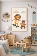 Skateboarding Lion & Bear Wall Art Print – Cute Animal Friends Illustration for Nursery, Kids Room & Playroom Decor