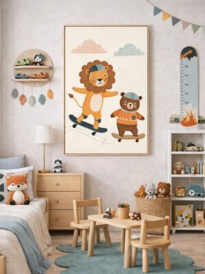 Skateboarding Lion & Bear Wall Art Print – Cute Animal Friends Illustration for Nursery, Kids Room & Playroom Decor