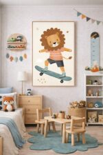 Skateboarding Lion Wall Art Print, Cute Animal Nursery Decor, Kids Room Playroom Illustration, Woodland Animal Art