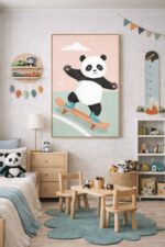 Skateboarding Panda Wall Art Print, Cute Animal Nursery Decor, Kids Room Playroom Illustration, Modern Animal Art