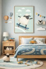 Skateboarding Sheep Wall Art Print – Cute Farm Animal Illustration for Kids Room, Nursery & Modern Home Decor
